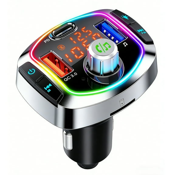Bluetooth 5.3 FM Transmitter for Car, Radio Transmitter for Car, QC18W & PD30W Fast Charging, Dual Screen Display, 7 Color LED Backlit Lights, Voice Assistant, Hands-Free Calling,Auto Memory Function
