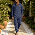 thumbnail image 2 of Delconic Mens Linen Blend Two Piece Set Hooded Half Placket Long Sleeve Shirt and Straight Leg Pants Casual Vacation Outfit Navy M, 2 of 8