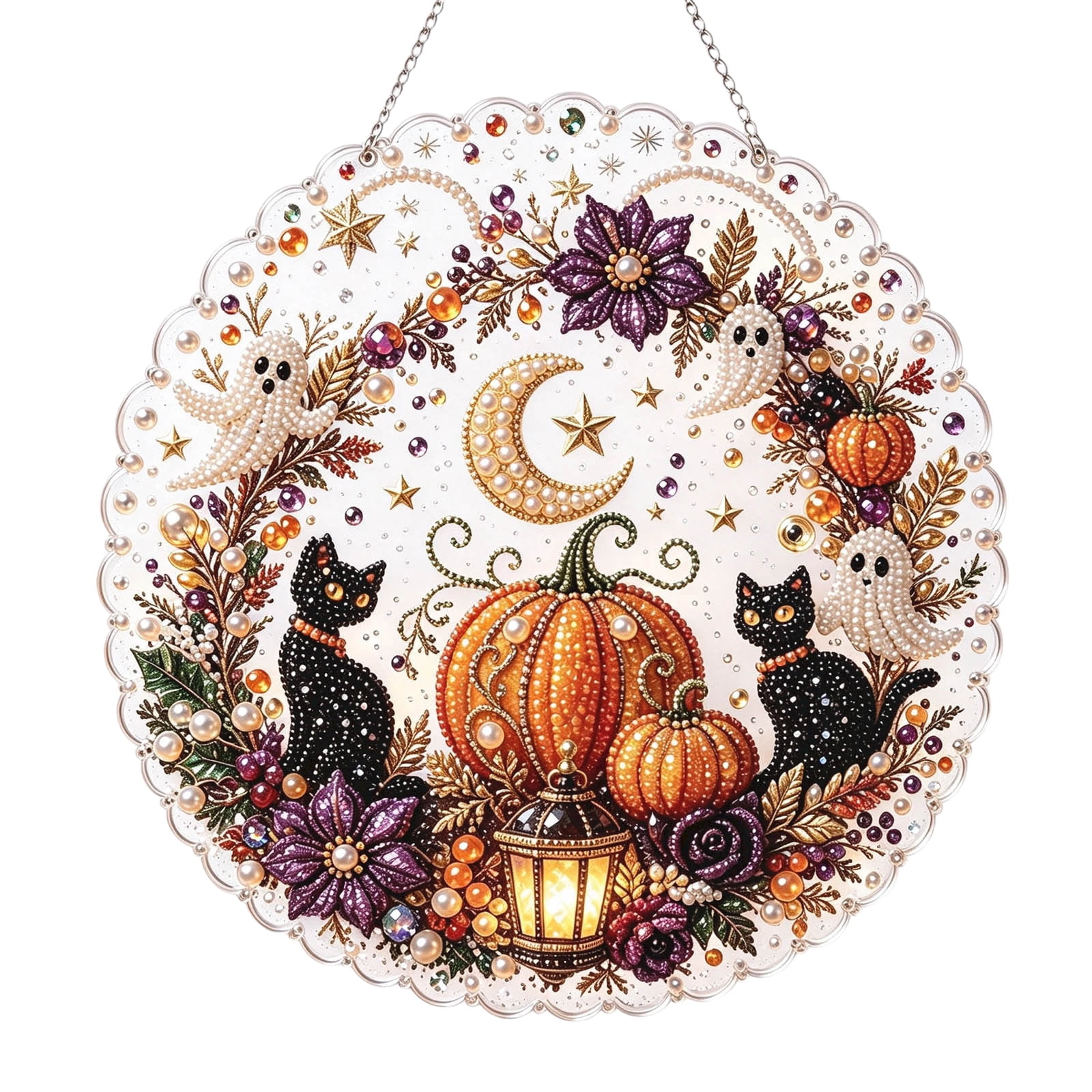 Halloween Gothic Diamond Art Hanging Kits for Adults Beginners Black Cat Design DIY Acrylic 5D Special Shaped Diamond Suncatcher Pumpkin Gem Art Window Pendant Home Garden Door Wall Ornament Gift