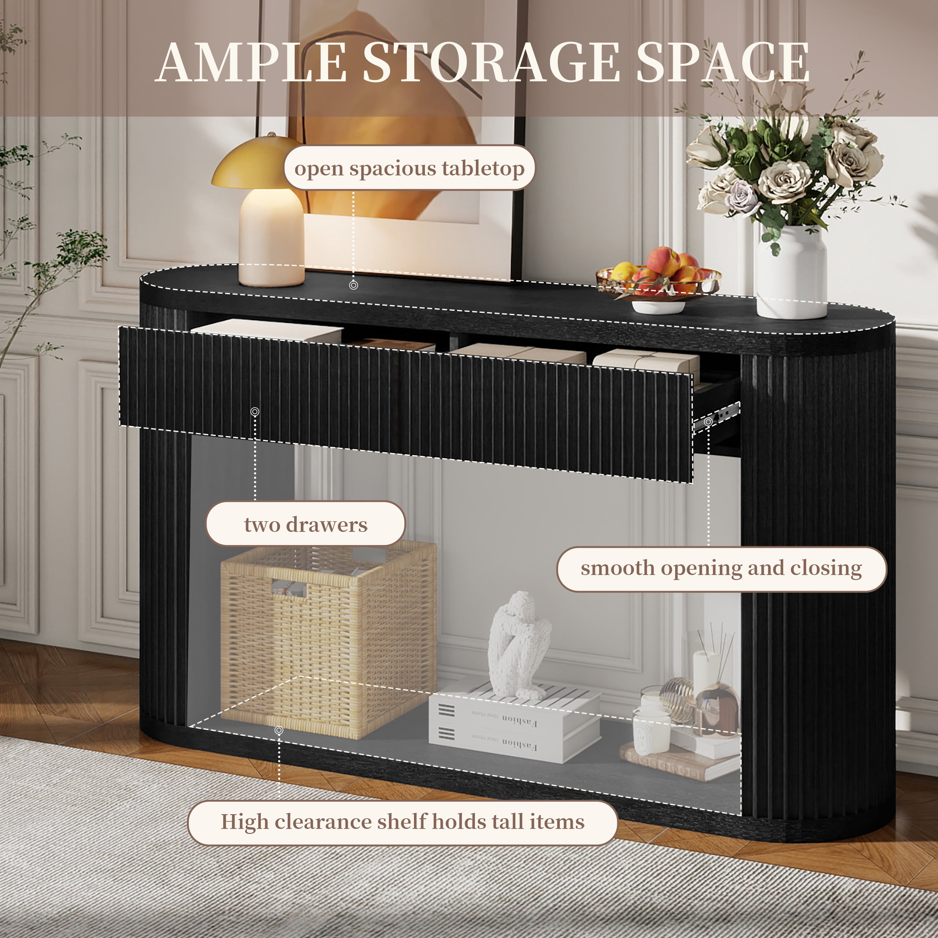 Euroco 53" Fluted Console Table with 2 Drawers, Modern Entryway Table with Storage & Bottom Shelf,Wood Long Sofa Table Behind Couch for Living Room, Hallway, Foyer,Black