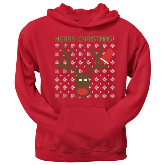 Party Deer Ugly Christmas Sweater Red Adult Pullover Hoodie - Small