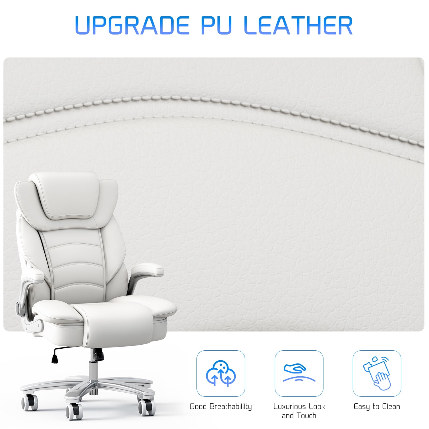 HomeZeer Big and Tall Office Chair 400lbs, High Back Leather Executive Office Chair with Adjustable Armrest, Modern Ergonomic Office Chair with Wide Seat and Lumbar Support, White