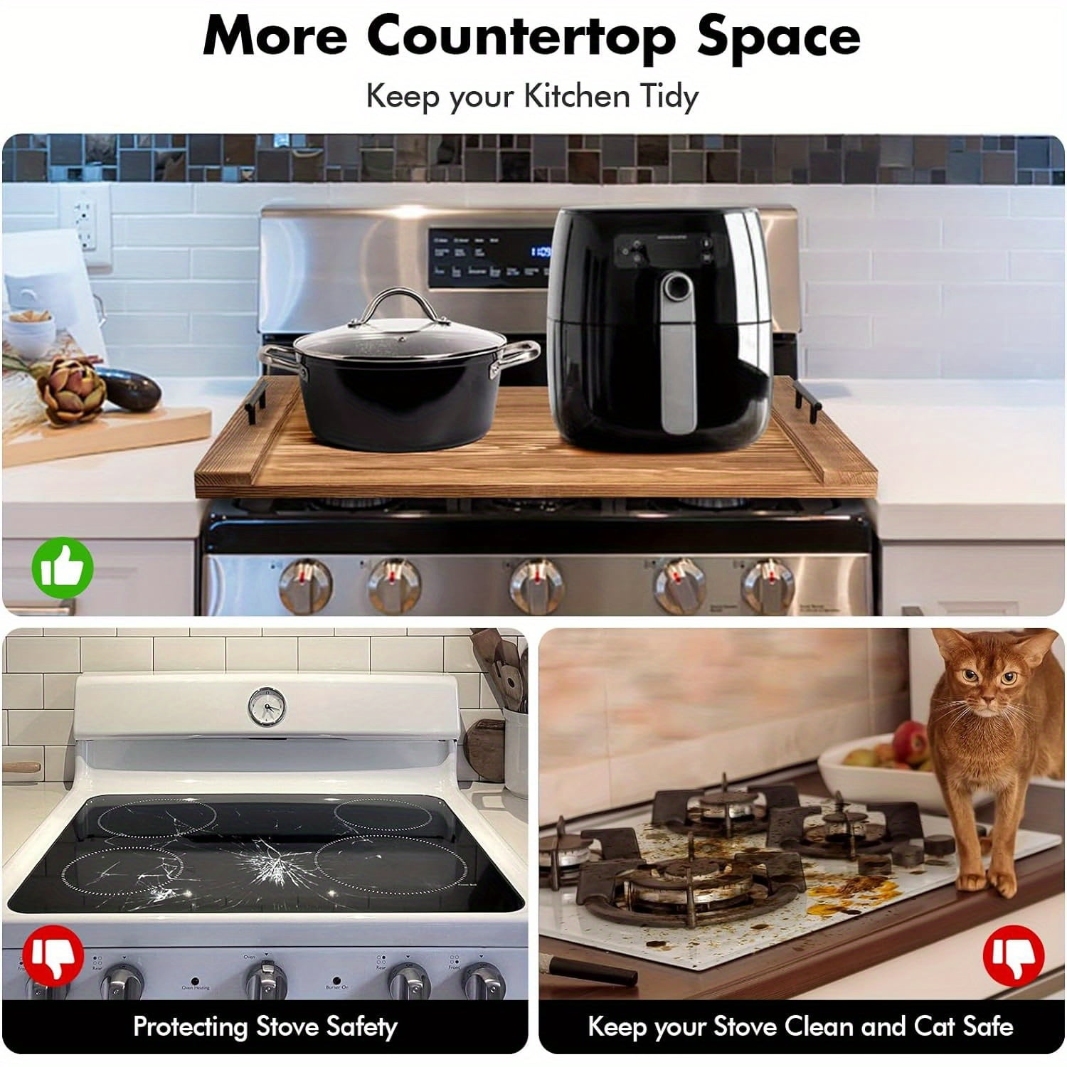 Noodle Board Stove Cover with Handles, Wood Stove Covers for Gas Stove Top, Glass Cooktop Protector, Wooden Stovetop Cover, Versatile Cutting Boards with Groove, Sink Cover, Serving Tray
