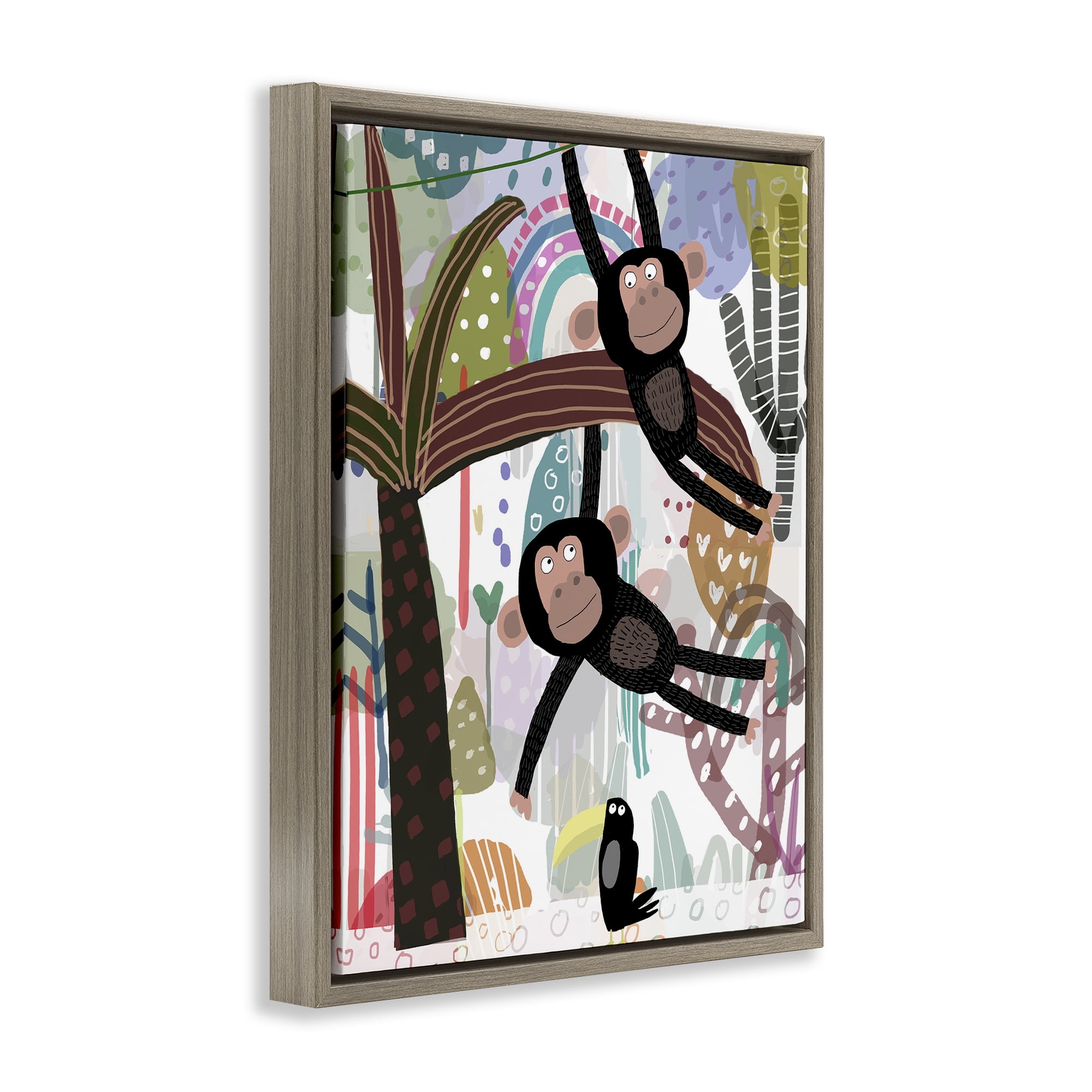 Exotic Monkey & Toucan Brown Framed Floater Canvas Wall Art, design by Carla Daly