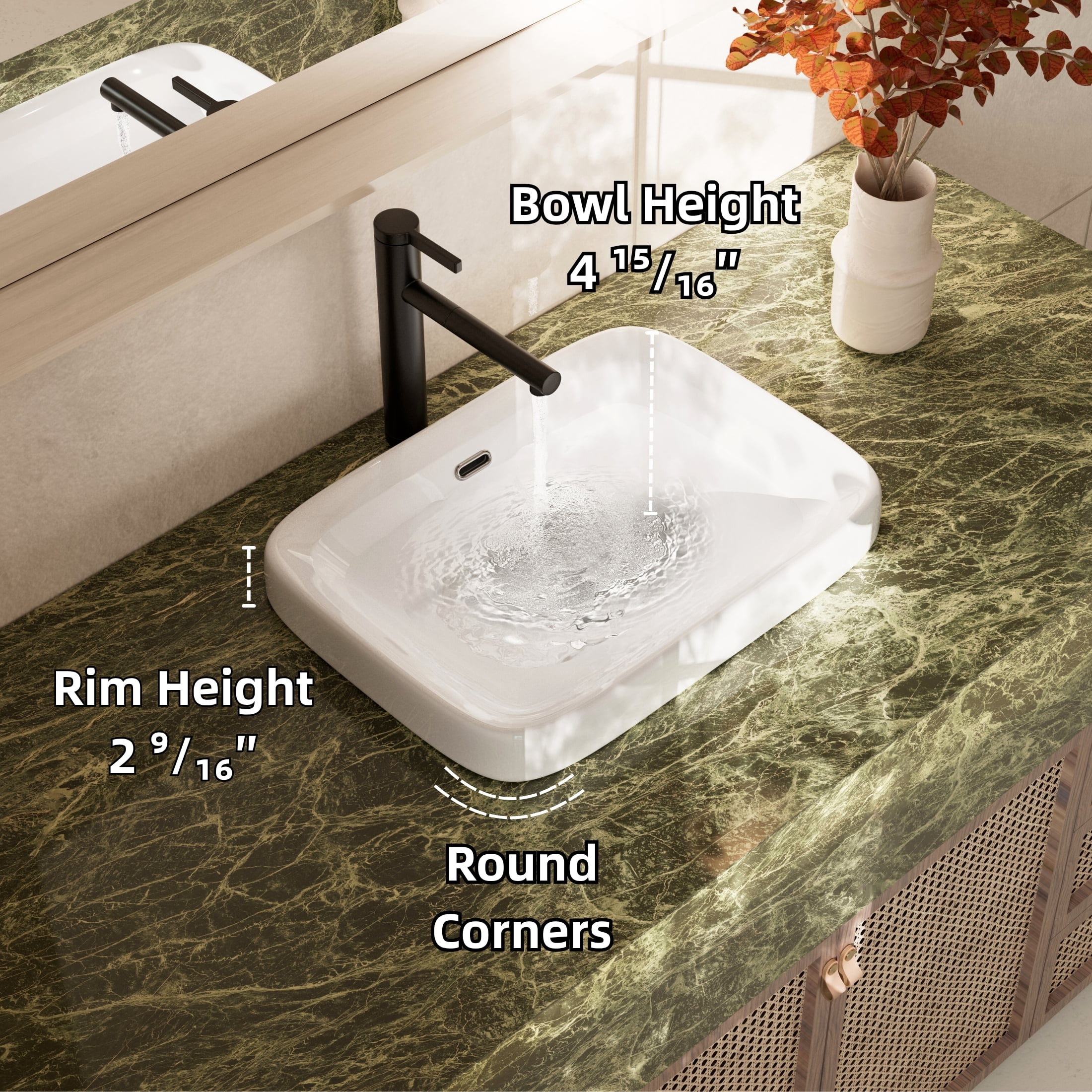 Los Flexi 22 in x 17 in White Rectangular Semi Recessed Bathroom Sink with Overflow Drop In Installation