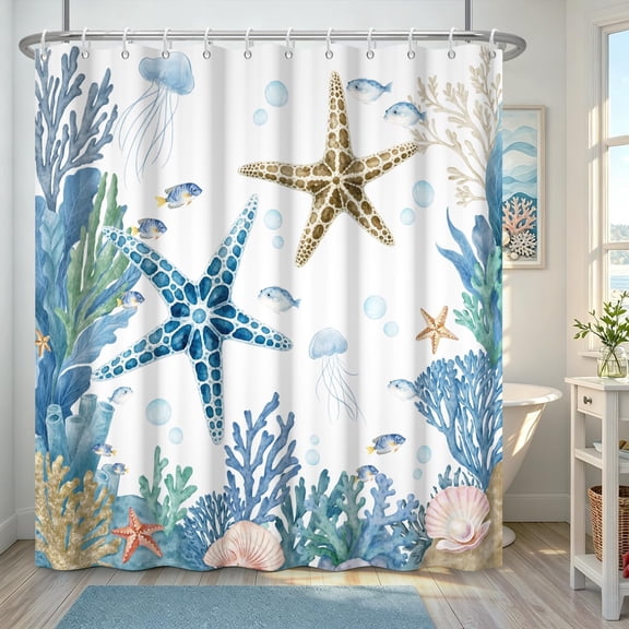 Watercolor Ocean Sea Life Shower Curtain Blue Starfish Coral Fish Bathroom Decor with 12 Hooks 71x71 inches