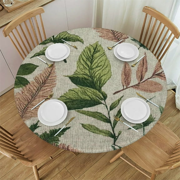 Autua Fabric Leaves Design Round Tablecloth Stain-Resistant Washable 31"-35
