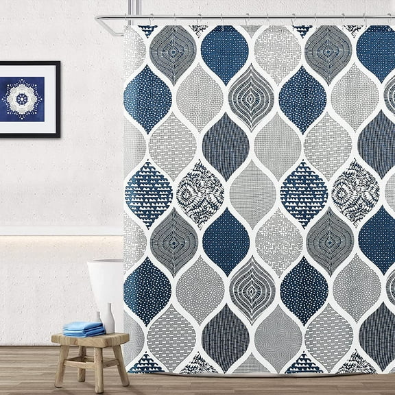 Blue Shower Curtain Bohemian Navy Blue and Grey Shower Curtain with Hook Boho Royal Indigo Gray Shower Curtain Farmhouse Modern Moroccan Design Washable Water Repellent Fabric 72x72 in