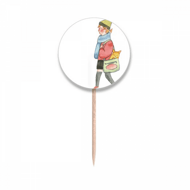 Miaoji Painting Cat Shopping Girl Toothpick Flags Round Labels Party Decoration