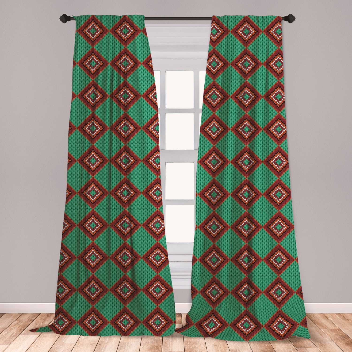 Ethnic Curtains 2 Panels Set, Colorful Rhombuses with Ornamental