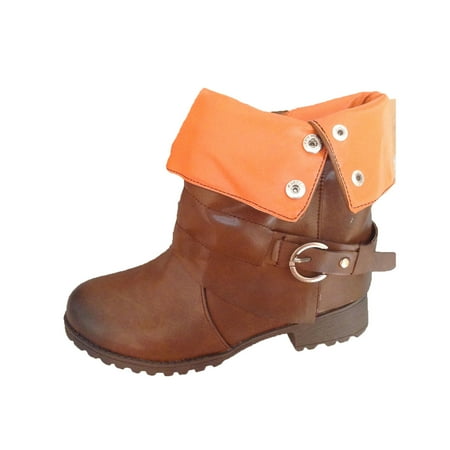 

Fesfesfes Faux-Leather Boots for Women Winter Warm Boots Cuffed Shoes Belt Buckle Boots Side Zipper Low Heels Boots 5.5(36)