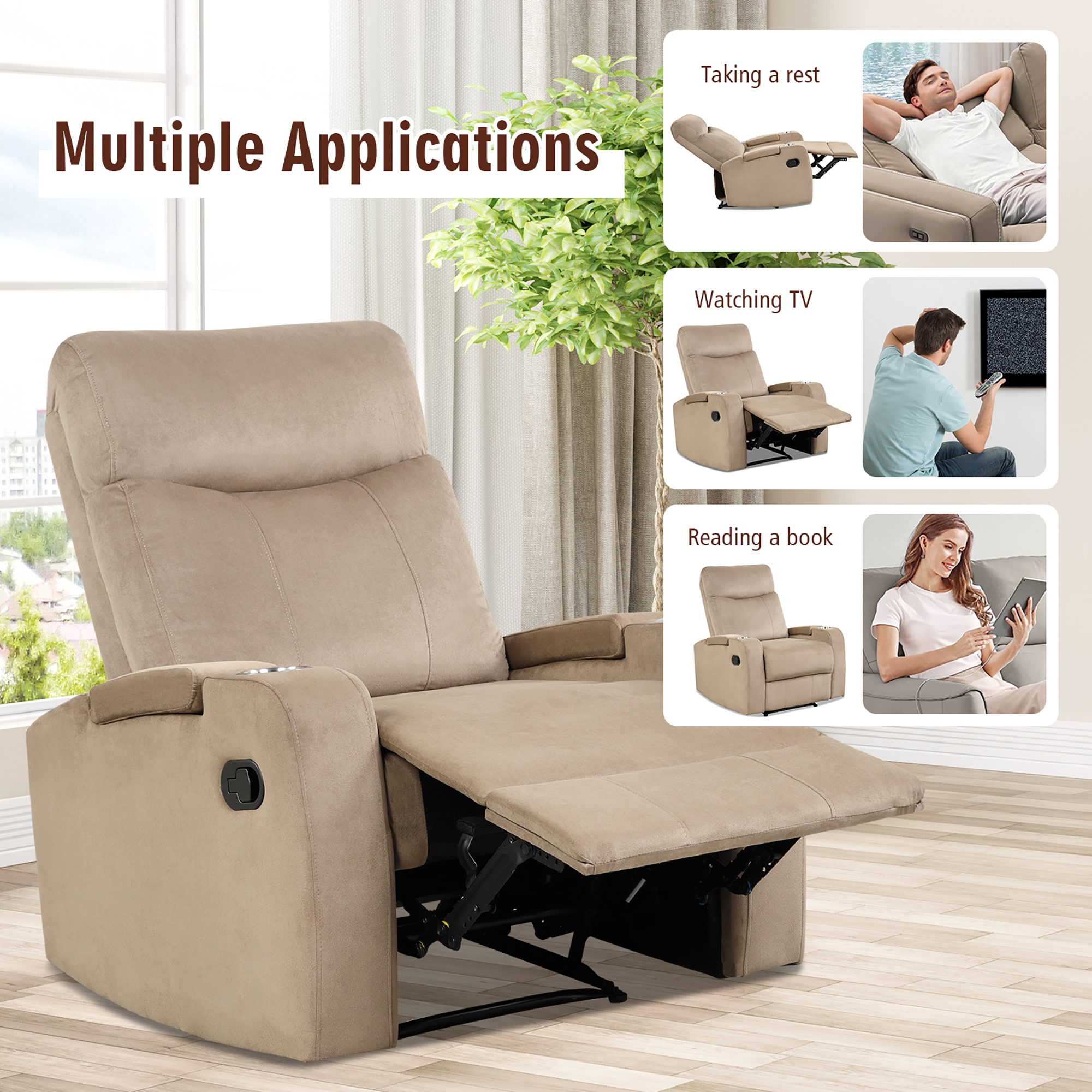 Costway Recliner Chair Single Sofa Lounger with Arm Storage & Cup Holder Brown