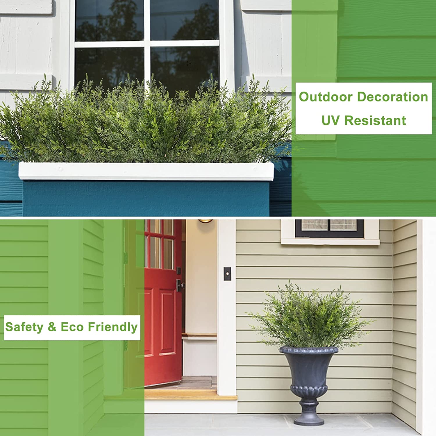 Nvzi Artificial Outdoor Plants 12 PCS Fake Cedar Plants Plastic Faux Pinetree Stems Greenery Shrubs UV Resistant Colorfast (Green)