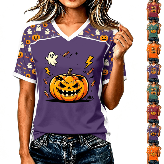 V Neck Fall Shirts for Women Pumpkin Graphic T Shirts Cute Halloween Tops Thanksgiving Tee Light Purple M