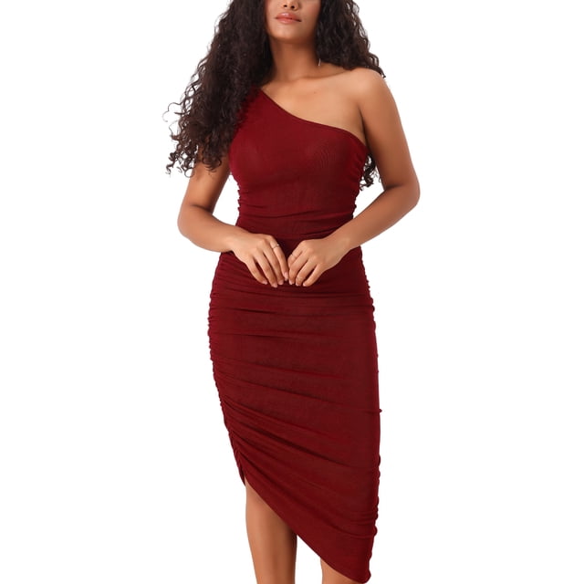 INSPIRE CHIC Ruched Sleeveless Bodycon Dress for Women's One Shoulder Irregular Hem Prom Long Dress Red L