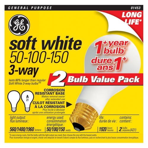 GE 50/100/150W Soft White Long Life 3-way, 2pk