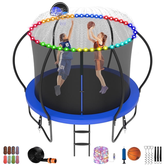 Jump Into Fun Trampoline 10FT, 1000LBS Trampoline for Kids and Adults with Enclosure, Basketball Hoop, Wind Stakes, LED light, Sprinkler and Socks, Outdoor Galvanized Full Spray Round Trampoline