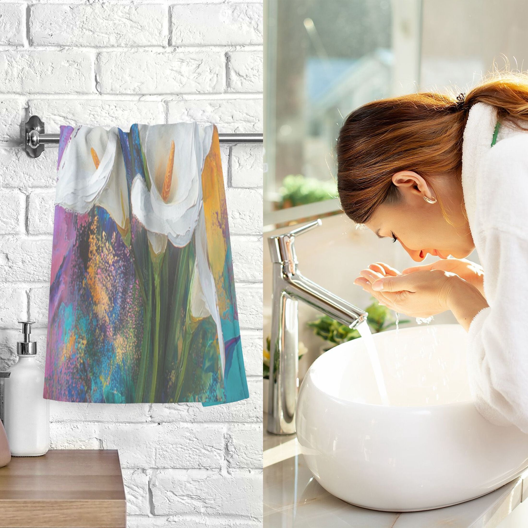 2 Pcs Absorbent Face Towel Bath Hand Towels Soft Breathable Cotton Towel Set for Bathroom Kitchen Hotel Spa Decor White Calla Lilies