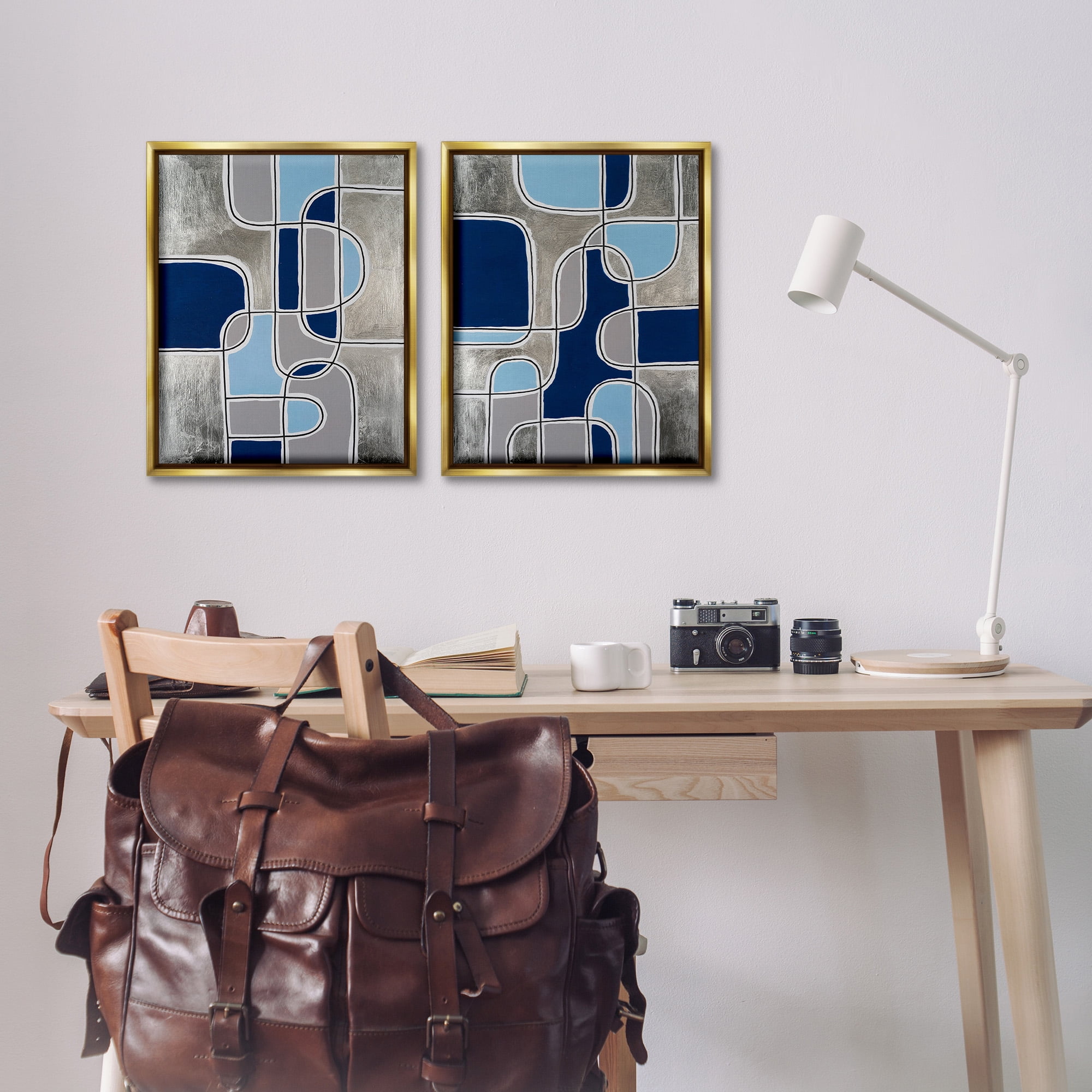Stupell Industries Blue & Grey Geometrics Abstract Painting Gold Floater Framed Canvas Art Print Wall Art, 17 x 21, Set of 2