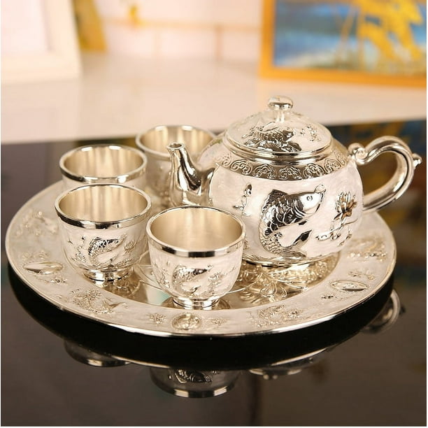 Juego de té blanco plateado, cuatro tazas por plato, una tetera pequeña, taza de té Kung Fu, estilo de alta gama