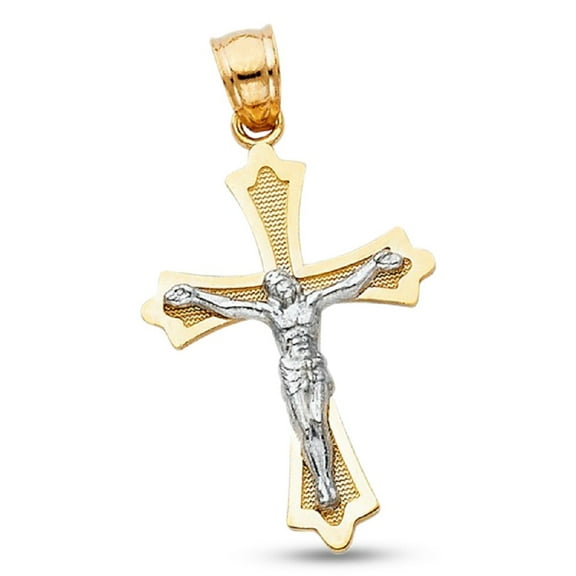 Jesus Crucifix Budded Pendant 14k Yellow White Gold Holy Cross Charm Solid Two Tone 32 x 18 mm