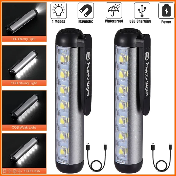 2Pcs Led Rechargeable Flashlight Clip Light Penlight Pocket Portable Pen Torch
