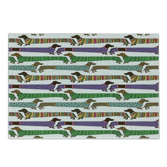 Dog Lover Cutting Board, Cartoon Style Dachshunds Dressed in Pyjamas Chevron Lines Polka Dots and Hearts, Decorative Tempered Glass Cutting and Serving Board, Small Size, Multicolor, by Ambesonne