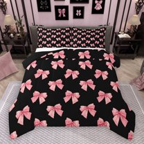 Homewish Cute Cartoon Ribbon Full Size Comforter Sets for Girl, Black Pink Bedding Comforter Set, Princess Bow-tie Reversible Bedding Sets, Super Cozy Room Decor, 3 Pieces