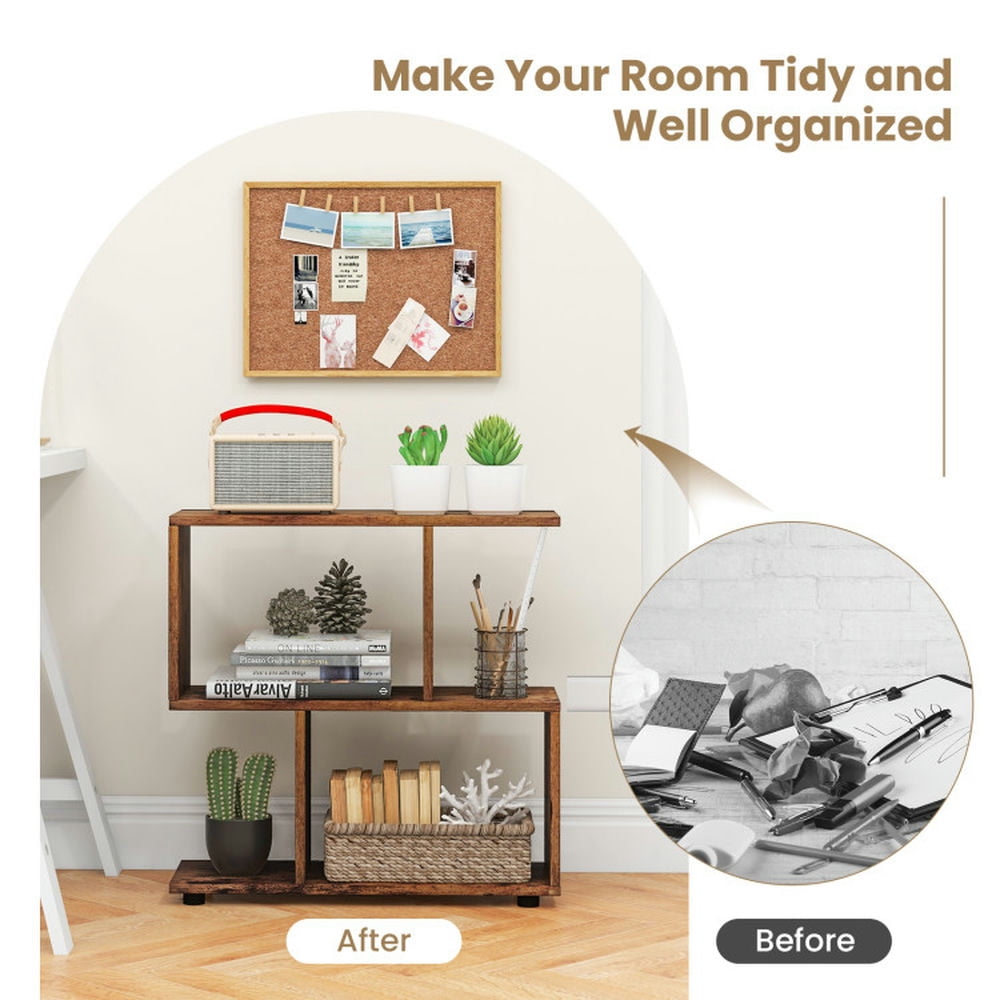 Demi Bonn 3-Tier Geometric Bookshelf with Thick Foot Pads, 24" Bookcase, Brown