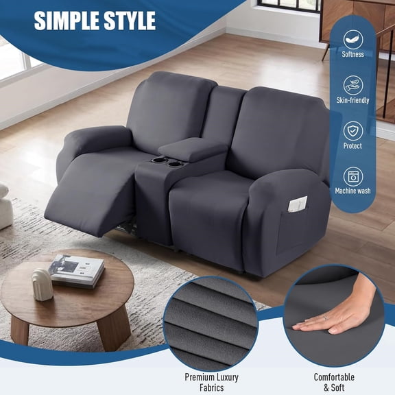 Reclining Loveseat with Middle Console Slipcover, 4 Piece Polyester Fabric Stretch Loveseat Reclining Sofa Covers