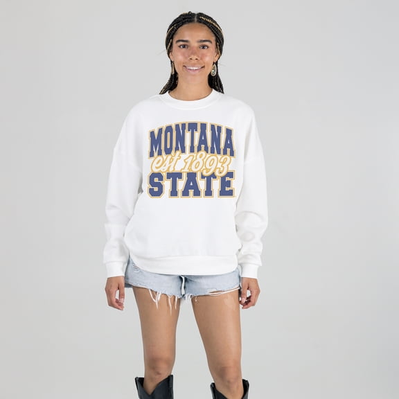 Women's Gameday Couture White Montana State Bobcats Oversized Faded Formation Premium Fleece Sweatshirt