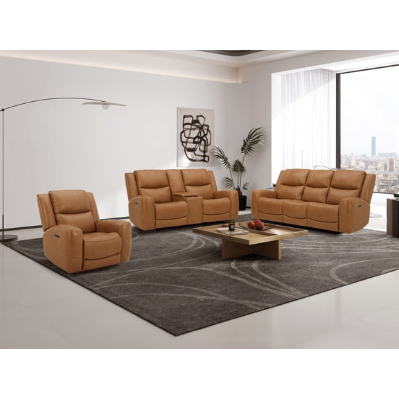 Roundhill Furniture Cozura 3-Piece Leather Power Recling Living Room Set, Silverado Butternut