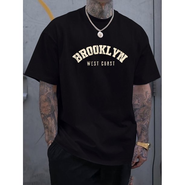 BROOKLYN Print Men's New Round Crew Neck Short Sleeve Tee, Fashion T-Shirt, Comfy Breathable Casual Sports Top For Spring Summer Holiday Leisure Vacation, Casual Sporty Tee, Summer Gifts