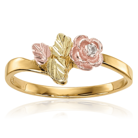 10K Solid Tri Color Pink White Yellow Black Hills Gold Diamond Rose Flower Ring