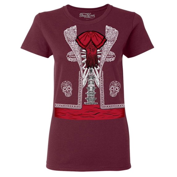 Shop4Ever Women's Day of the Dead Mariachi Skeleton Costume Graphic T-Shirt Small Maroon
