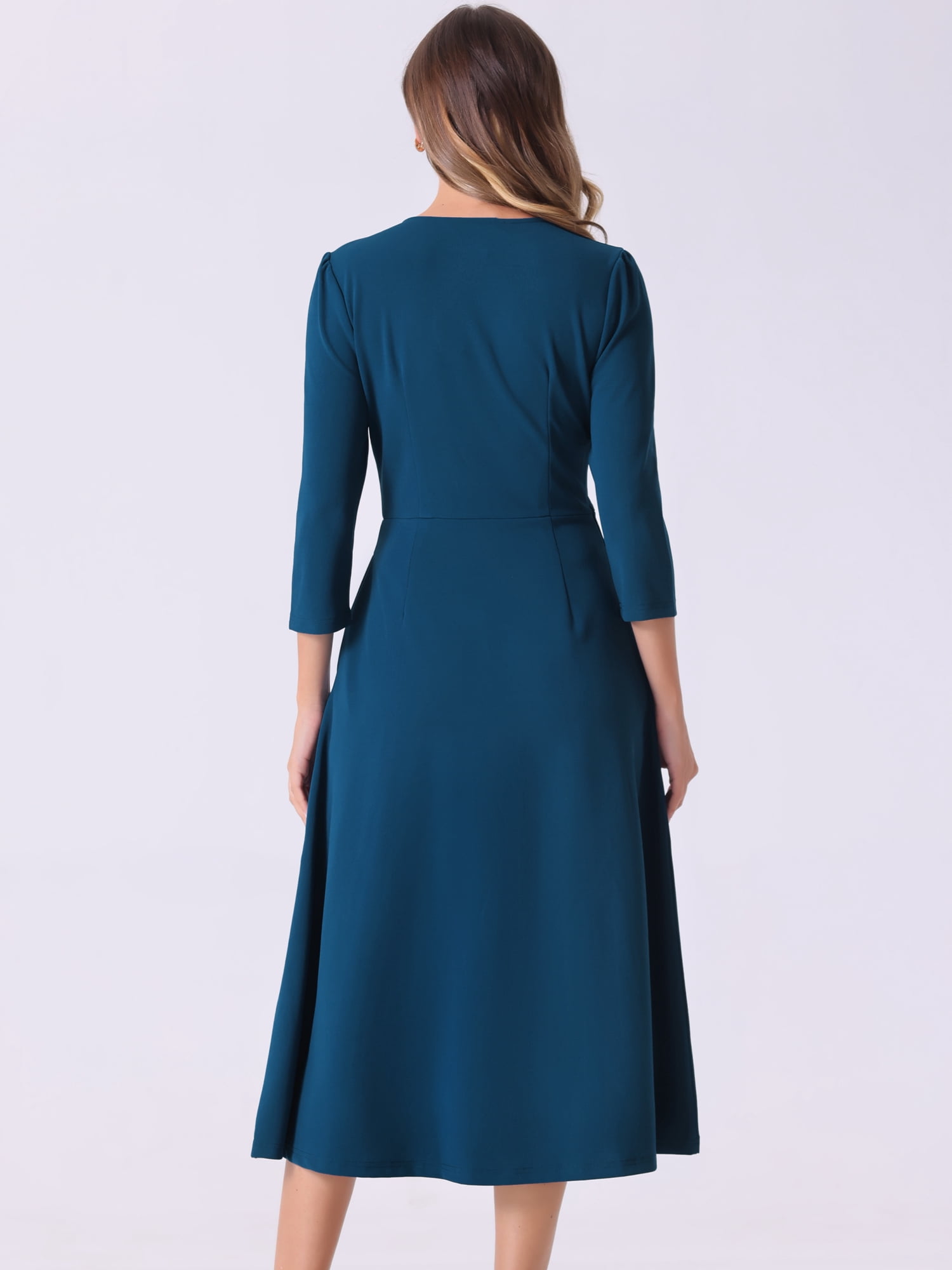 DARING DIVA Work Office Elegant 3/4 Sleeve V Neck A-Line Dress XL Dark Blue