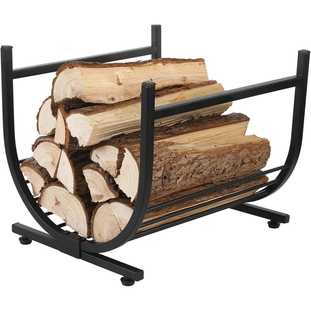 Industrial Firewood Rack - Matte Black Metal Freestanding U-Shape Log Holder - Compact Fireplace Storage Elevated Fire Wood Caddy