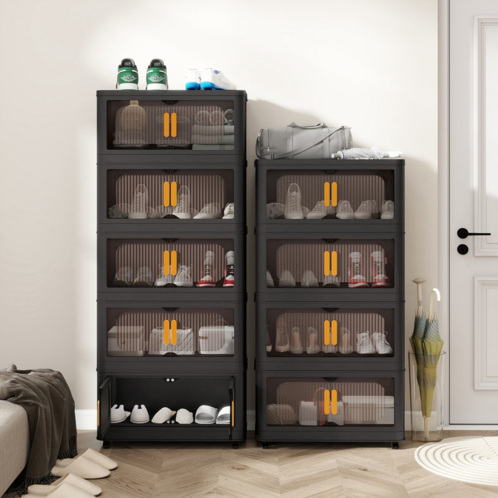24" Folding Storage Cabinet with Wheels, 4-Tier Collapsible Plastic Organizer with Magnetic Door, Portable Utility Storage Rack, Black