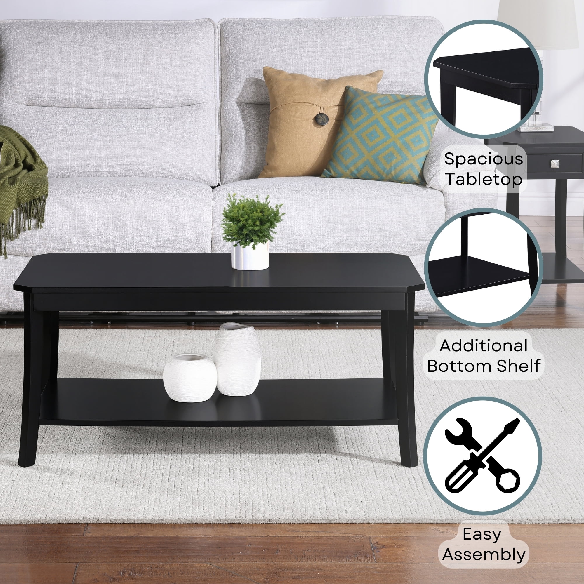 Convenience Concepts Designs2Go Ensenada Coffee Table with Shelf, Black
