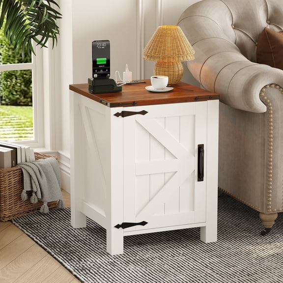 PYY Rustic Farmhouse Bedside Cabinet with USB Charging Station – 18'' Large Wooden Bedside Table, Sliding Barn Door, Adjustable Shelf, Two-Tier Storage – Bedroom/Living Room – White Brown
