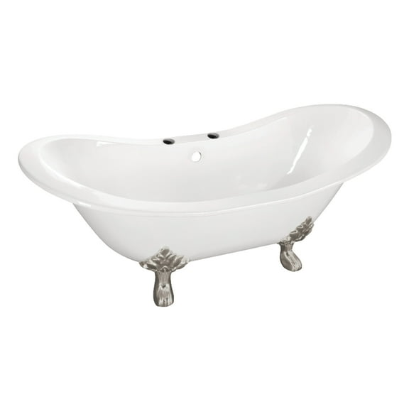 Aqua Eden VCT7DS6130NC8 61" Cast Iron Oval Double Slipper Clawfoot Tub (7" Faucet Drillings), White/Brushed Nickel