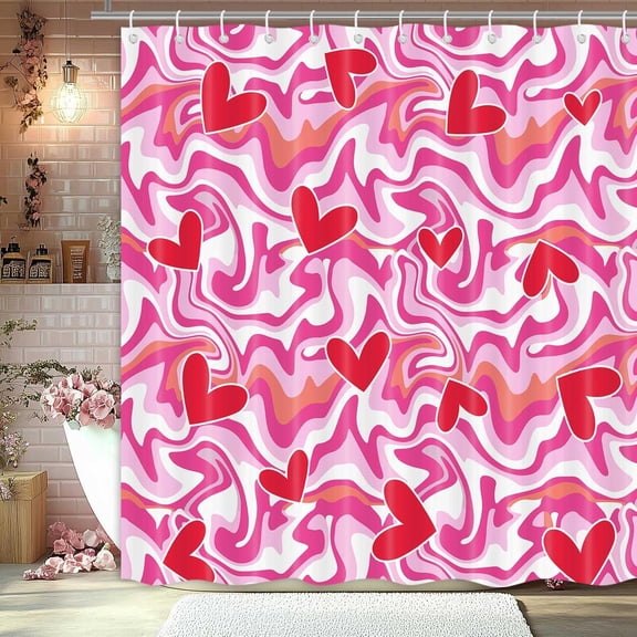 Valentine Shower Curtain, Pink Red Love Heart Fabric Valentine''s Day Shower Curtains, Hot Pink Aesthetic Retro 70S Abstract Wavy Swirl Cloth Waterproof Bathroom Decor Set with Hooks(72" WX72 H)