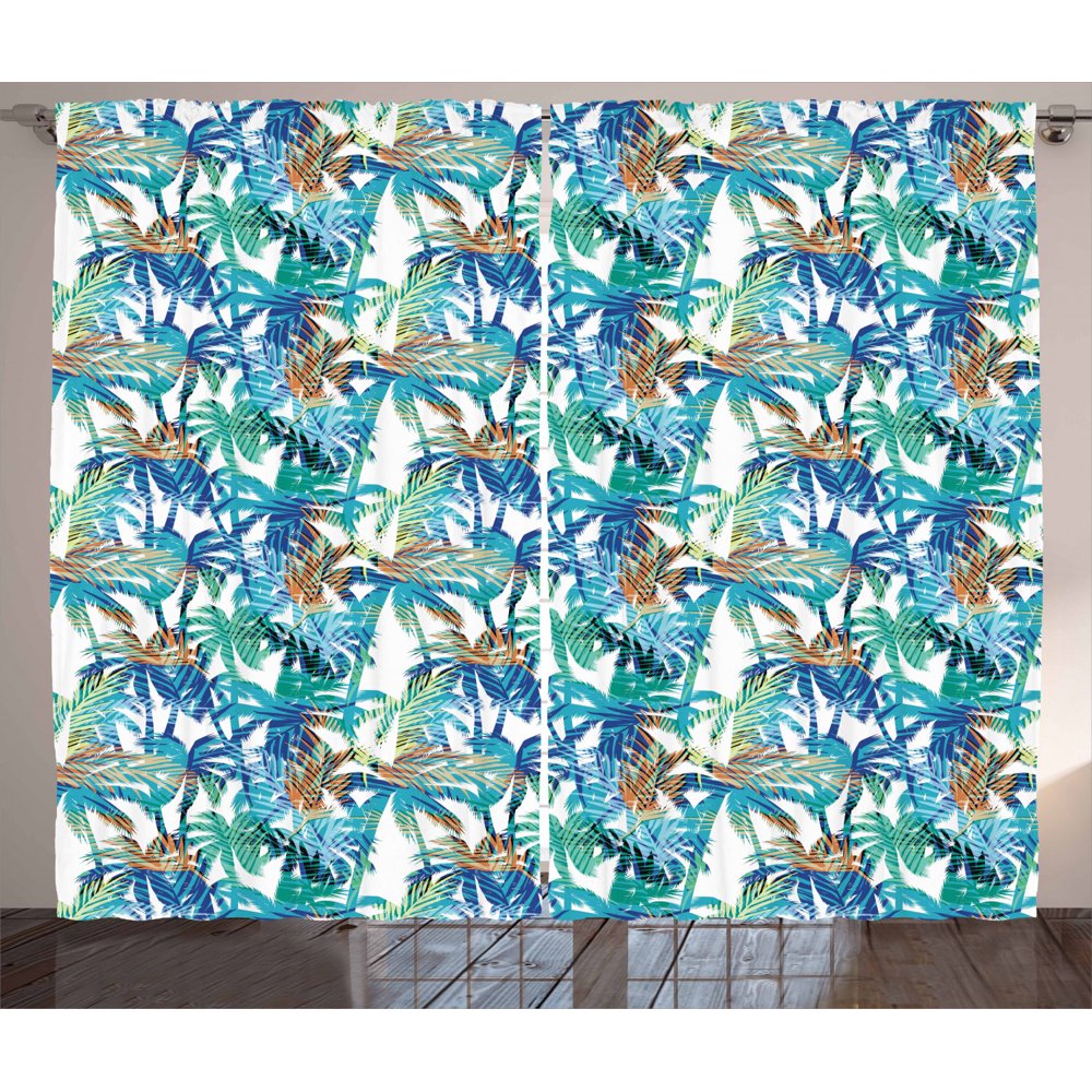 Palm Leaf Curtains 2 Panels Set, Tropical Summer Print with Palm