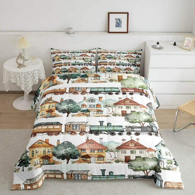 Kids Train Twin Bedding Set Cute Cartoon Train Comforter Set For Teen Boys Girls,Retro Steam Engine Railway Down Comforter House Green Tree Bed Set