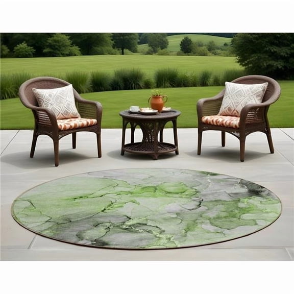 HomeRoots 560407 8 ft. Round Green Round Abstract Washable Non Skid Indoor Outdoor Machine Woven Area Rug