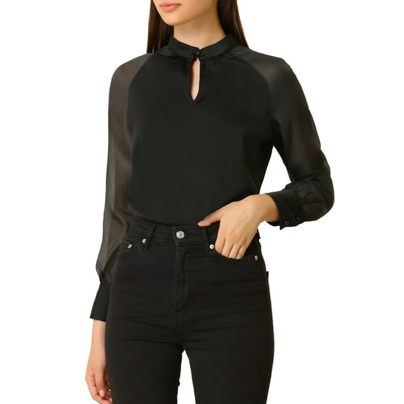 INSPIRE CHIC Women's Casual Keyhole Neck Sheer Long Sleeve Blouse