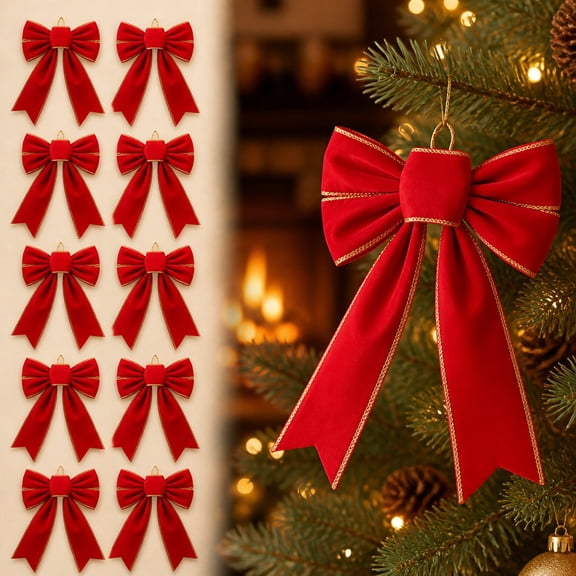 Trianu 10 Pack Red Christmas Bows 9 x 13 inch Large Velvet Bow for Wreaths, Tree, Outside Decorating, Outdoor