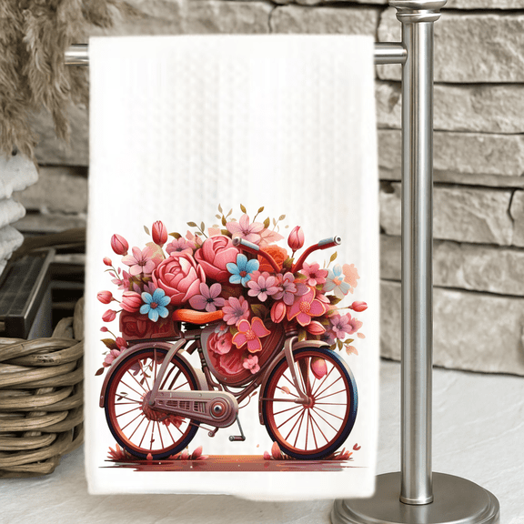 Decorative Kitchen Towel Vintage Bicycle with Flowers 16x24 Waffle Weave