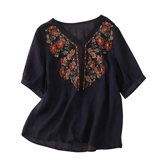 Bohemian Floral Embroidered Tops for Women Cotton Linen Shirts Womens V Neck Short Sleeve Boho Summer Fall Tunics Blouses