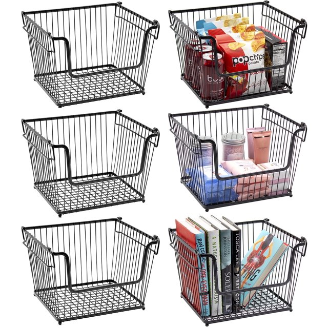 Panier de Rangement Empilable en Métal avec Poignées - Grand, Lot de 6 - Noir